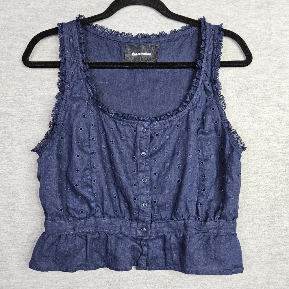 Reformation Women Sz 6 Blue Linen Eyelet Peplum Tank Top Button Front 100% Linen